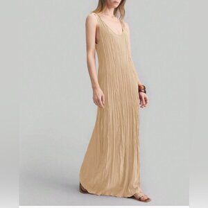Boho Pleated Scoop Neck Loose Maxi Dress Brown